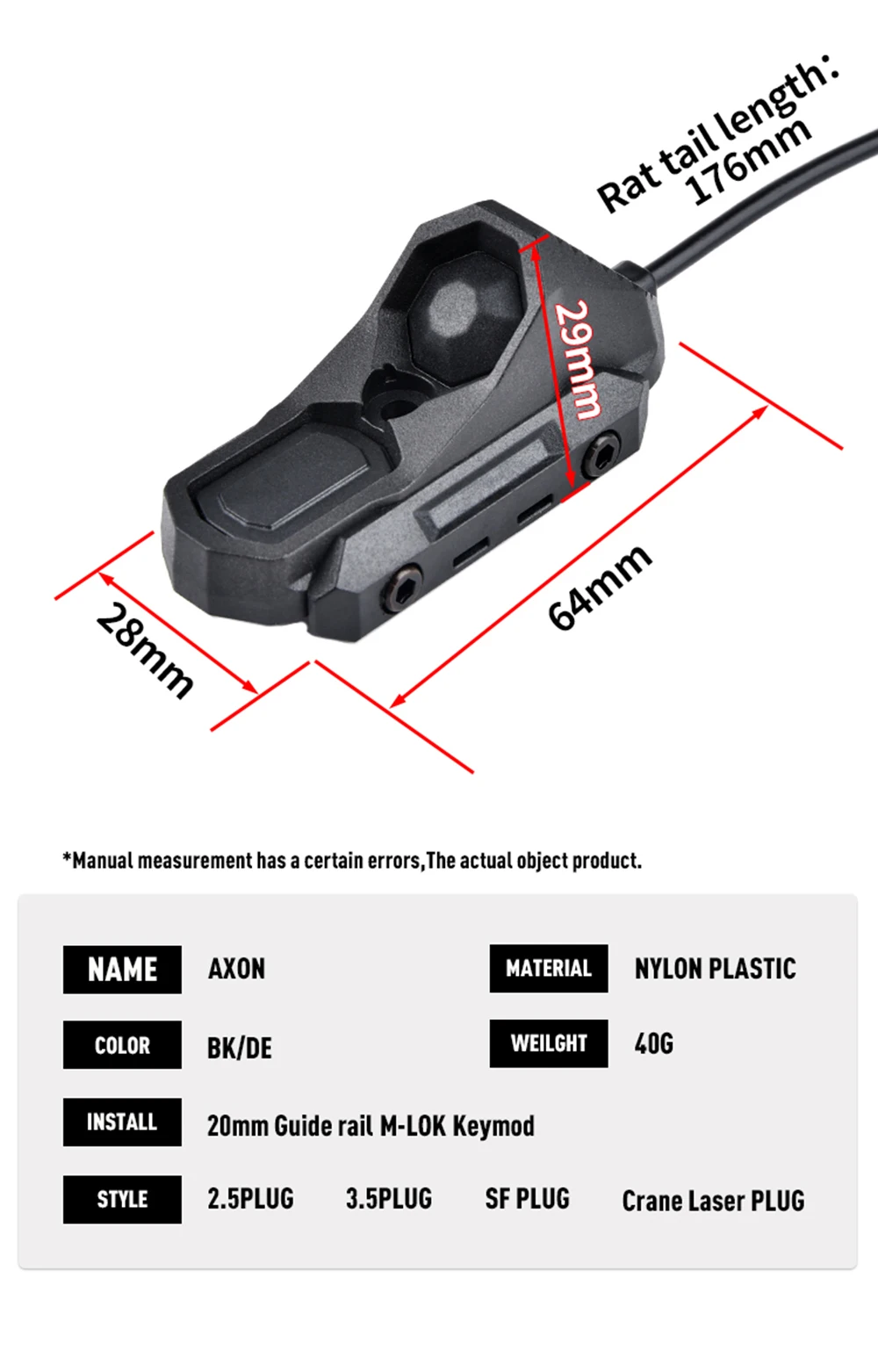 WADSN Taktischer Axoun-Knopf-Fernbedienungs-Druckschalter, passend für Mlok Keymod 20mm Schiene, DBAL PEQ Laser, Crane-Stecker, Jagd-Scout-Lampe – Detail 2