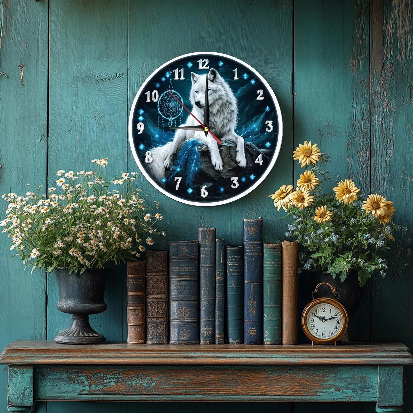 Wooden wall clock with a white wolf and dreamcatcher design. Ideal for living rooms or bedrooms. Requires AA batteries 2