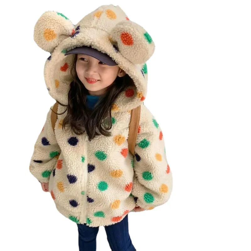 Girls' coat rainbow dot hooded with big ears plush thickened coat top winter new children's wear clothing