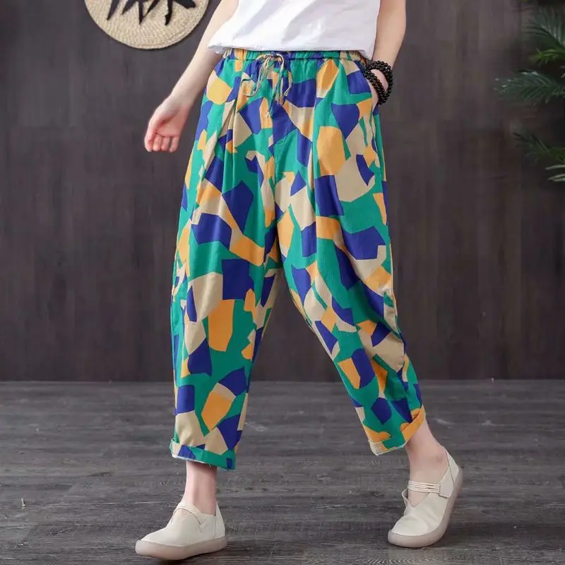 Thin Style Breathable Summer Women Literature Vintage Fashion Loose Pure Cotton Printing Large Size Casual Office Lady Trousers
