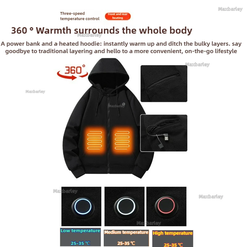 5 Areas Heated Hoodies Jacket Men Women Electric Heated Jackets USB Electric Temperature Control Winter Thermal Running Coat