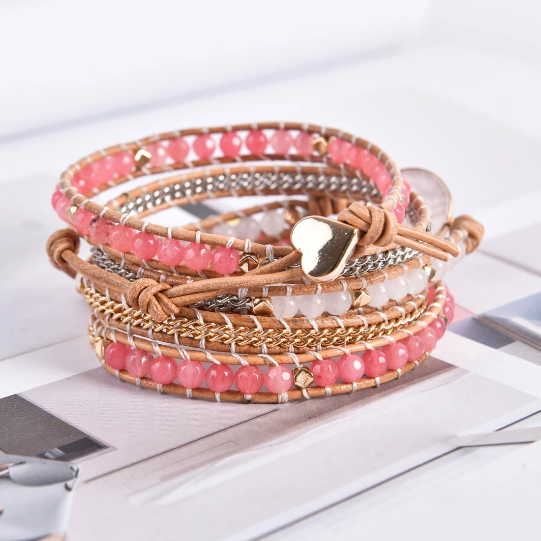 Charming Rose Quartz Leather Wrap Bracelets W/ Mix Stone Druzy Multilayers Bracelet Handmade Boho Jewelry Bijoux Dropship