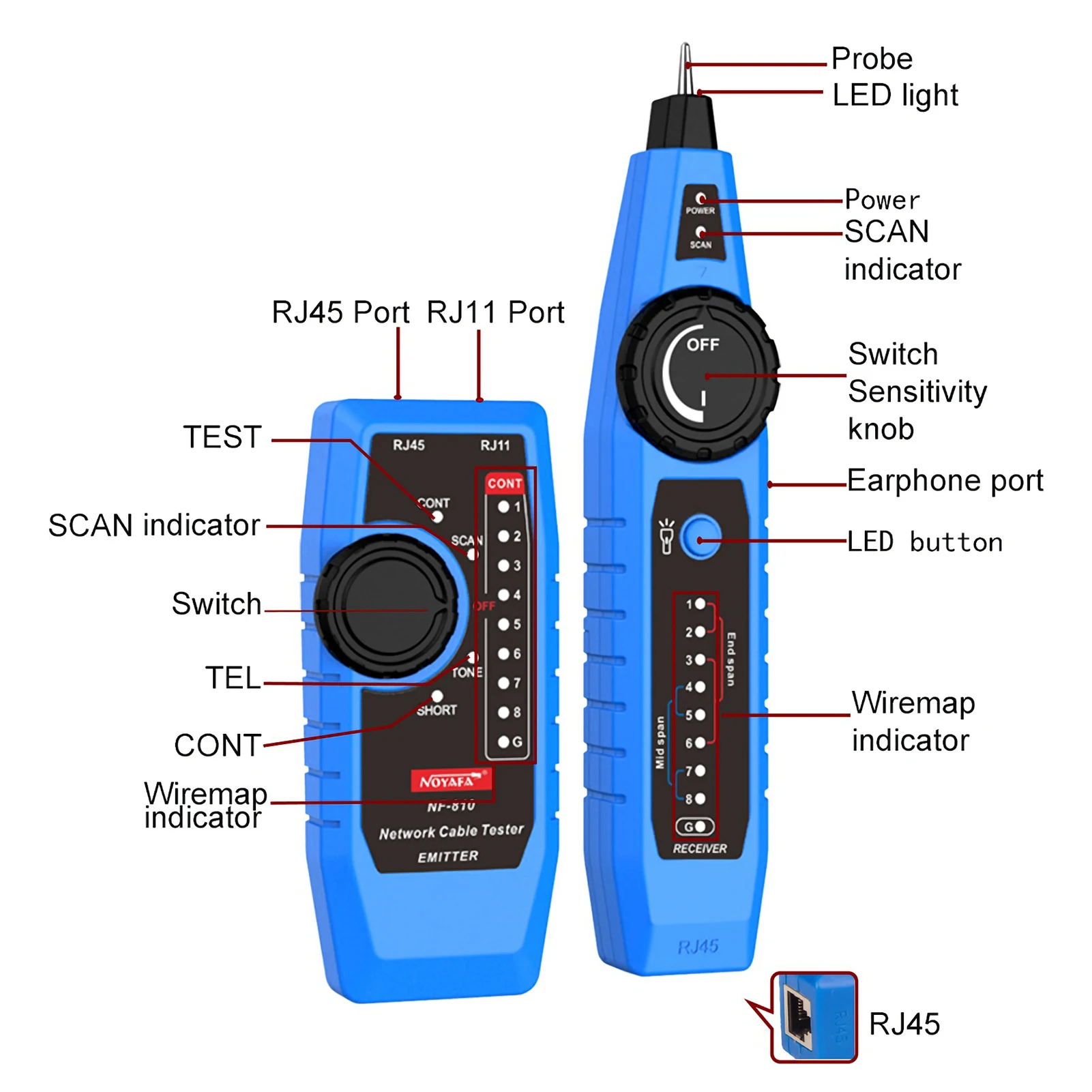 NOYAFA NF-810 Network Cable Tester Kit Multi Function Wire Tracker Wiremap PoE TEL Testing for RJ11 RJ45 CAT5 CAT6 LAN Cable cable wire toner tracer tester