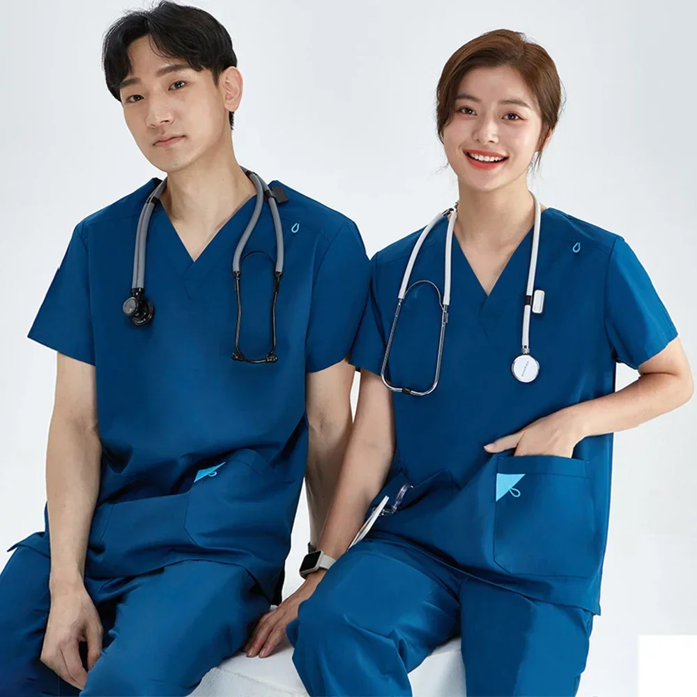 

Basic Pro Medical Uniform Scrub Sets Women Men 2 Piece V Neck Top Drawstring Pants Pro Heather Nursing Slim Tunic