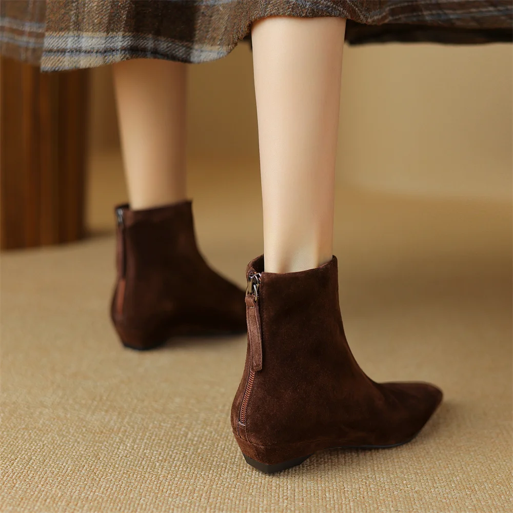 Plus size 34-42 women's natural suede leather back zip autumn flats ankle boots square toe casual female high quality short boot