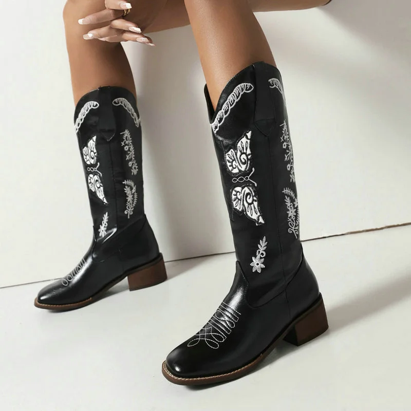 

Black Brown Women Knee High Boots Low Thick Heel Comfortable Ladies Calf Boots PU Leather Square Toe Slip on Women's Boots