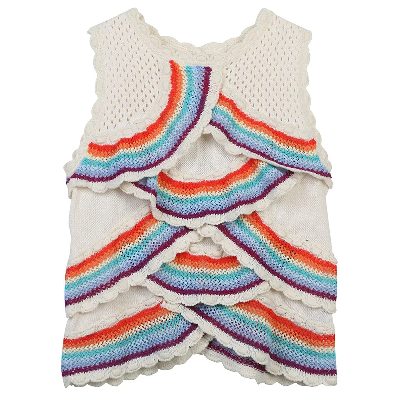 

Contrast Striped Knitted Vest Women Hollow Out Ruffles Sweater Vest 2022 Sleeveless Pullover Sweater Runway Vest Tops Sueter