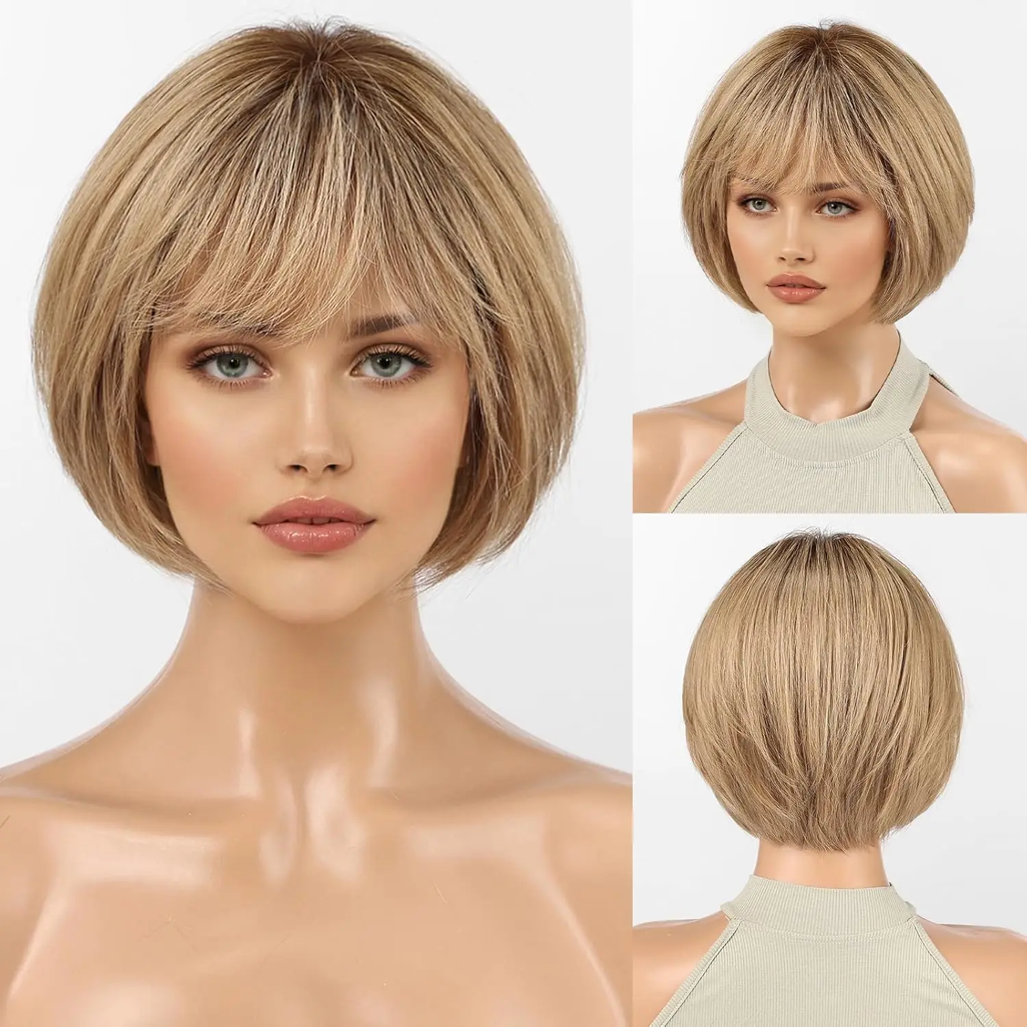 100% 인모 숏밥 가발 (앞머리 포함) 허니 블론드 골든 하이라이트 글루리스 가발 (여성용) 내열성 자연스러운 데일리 가발
