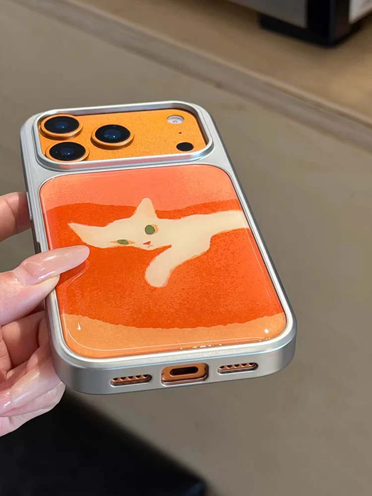 Modische Ölgemälde-Handyhülle mit Niedlicher Katze und Silberner Einfassung für iPhone 17 16 15 14 13 Pro Max, Tropfenkleber-Orange Rückseite – Detail 10
