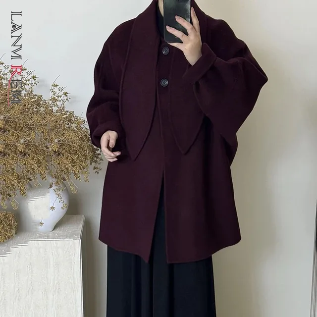 LANMREM 2025 Autumn Winter New Long Sleeve Mid-Length Double-faced Woolen Coat  For Women Simple Scarf Collar Clothing 2DB4499