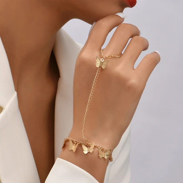 Gold Bracelet with Attached Ring for Women