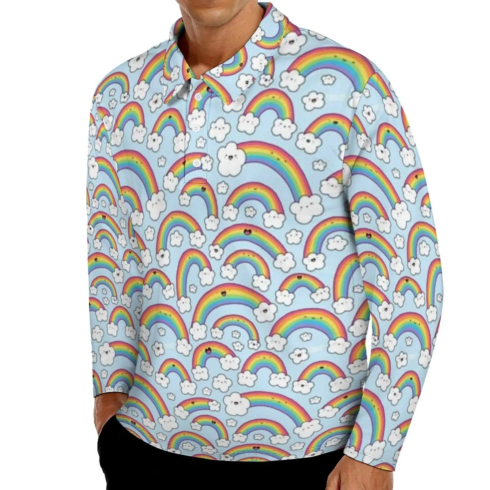 

Rainbow Polo Shirts Spring Clouds Love Heart Casual Shirt Long Sleeve Turn-Down Collar Fashion Custom Oversize T-Shirts