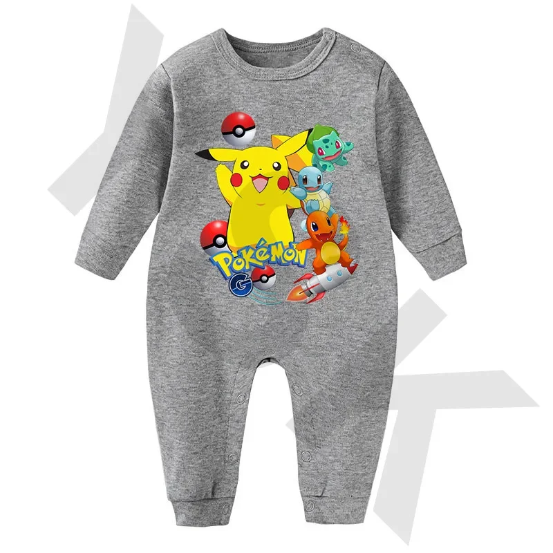 

Infant Jumpsuit 0-2 Years Old Baby Khaki Cartoon Animation Printed Pikachu Long-sleeved Crawling Suit Gift