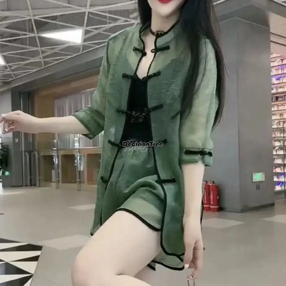 

2023 new fashion set women's summer new chinese cheongsam set solid color sunscreen half sleeve top shorts two-piece set s331