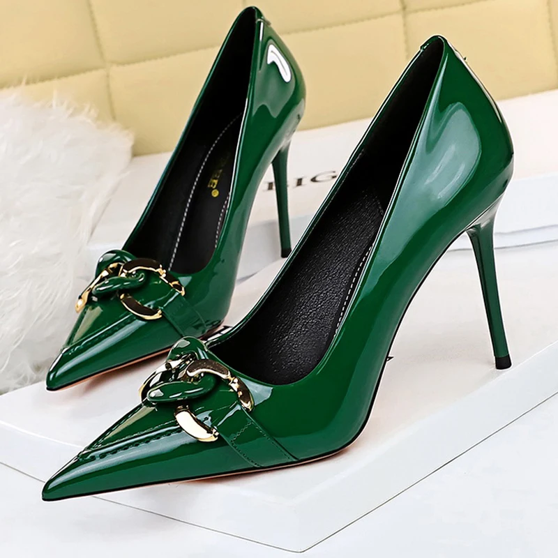 

BIGTREE Shoes Fashion Women Pumps Patent Leather High Heels Metal Belt Buckle High Quality Pumps Women Party Shoes Stiletto 2024