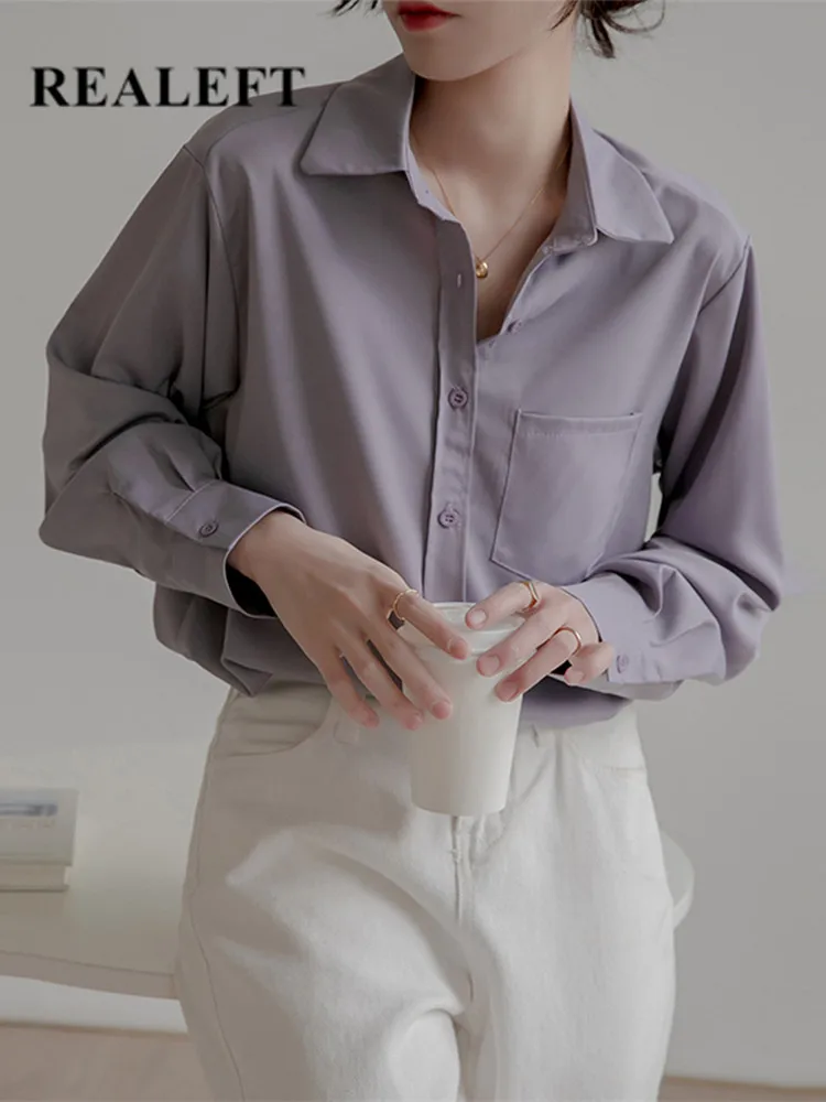 

REALEFT 2022 New Purple Chiffon Women's Blouse Turn-down Collar Casual Loose Female Blouse Chic Tops Workwear Shirts Spring