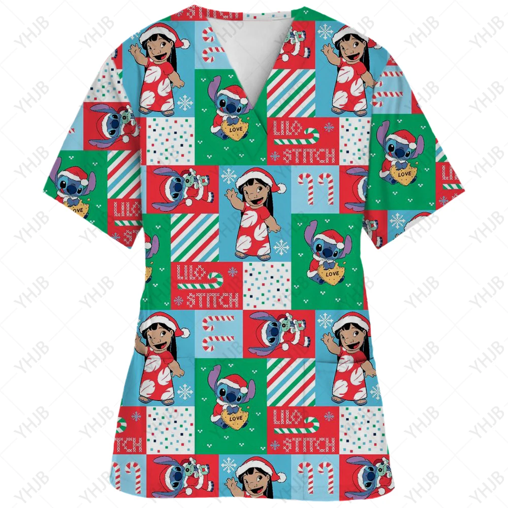 thumbnail image 1 of Blusa de uniforme de trabajo con cuello en V y cordón de manga corta con estampado de dibujos animados de Disney Stitch para mujer, 1 of 5