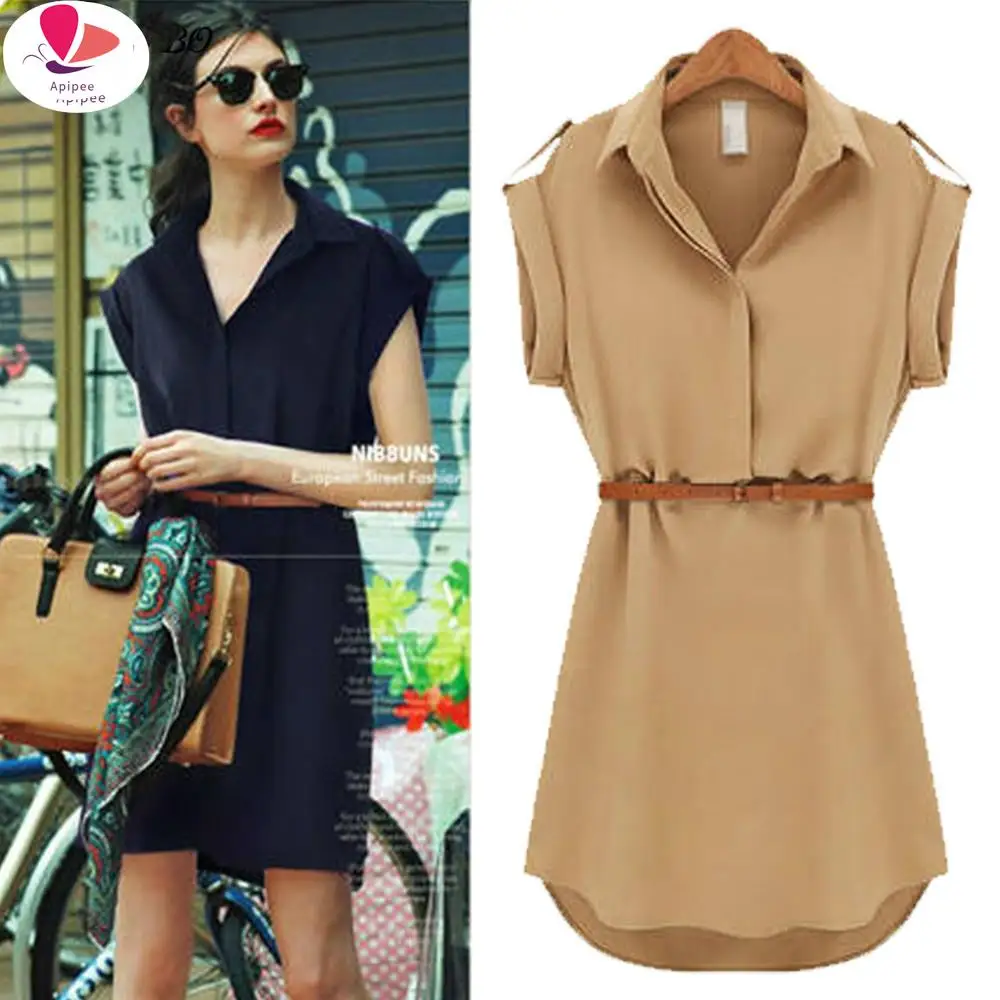 

2024 Women Summer Mini Dress Shirt Notched Neck Short Solid Chiffon Casual Office Dresses With Belt Vestidos De Festa