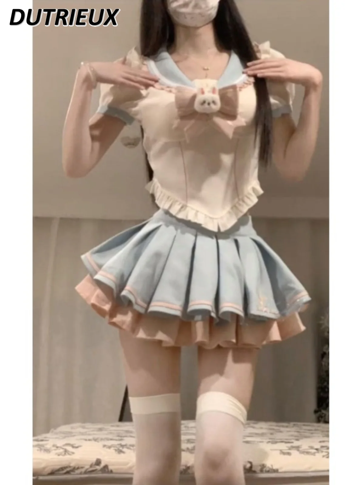 Sweet Lotus Leaf Bow Sailor Collar Short Sleeve Shirt High Waist Bubble Short Skirt JK Uniform Suit Women's Summer Two-Piece Set