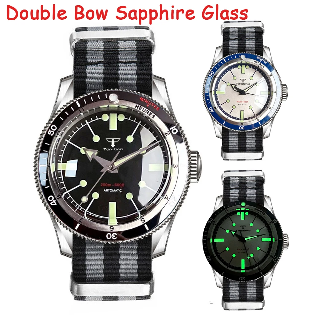 40mm 200M Waterproof Diver Watch For Men Double Bow Sapphire Glass Japan NH35 PT5000 Automatic Screw Down Crown Green Lume Bezel tandorio super lume bezel mark 50 fathoms vintage mechanical diver watch men nh35a domed sapphire 200m waterproof sandblast case