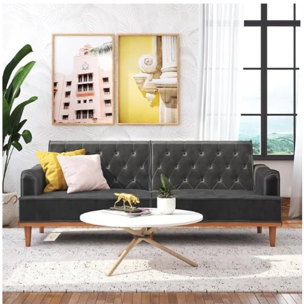 Sofa Bed Multi-functional Split Design, Cyan Velvet, Suitable for Small Spaces, Retro Convertible Sofa Bed Futon