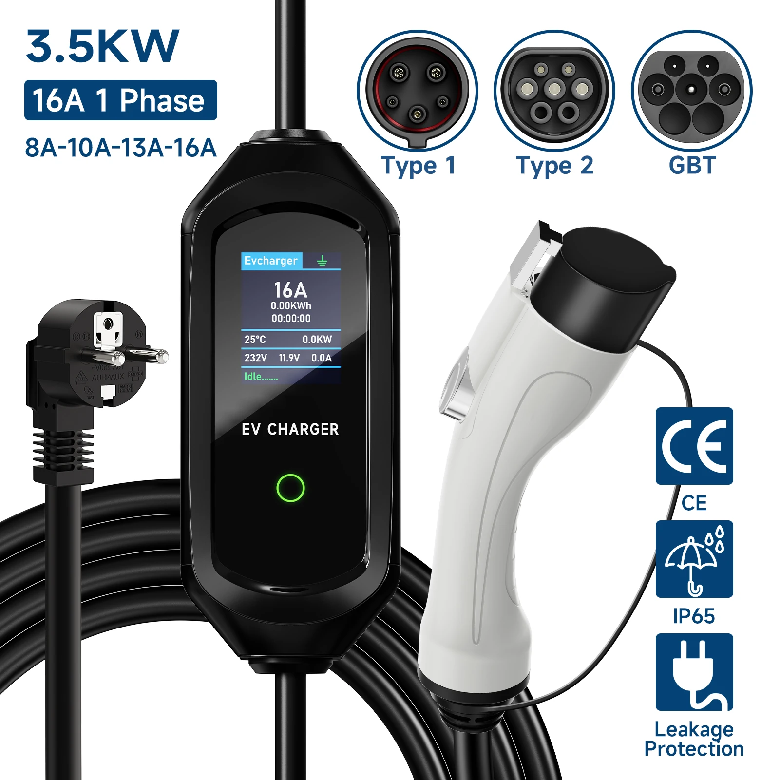 

Portable EV Charger 3.5KW Type1 SAE J1772 EVSE Fast Charging Cable 16A GB/T EU Plug Type2 IEC62196-2 Wallbox for Electric Car