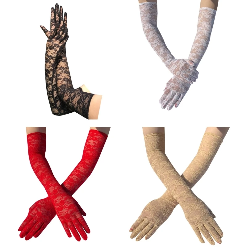 

Evening Dinner Long Gloves Proms Gloves Black Tulles Lace Gloves for Opera