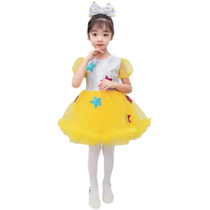 

Одежда для выступлений и современных танцев, Детская Пышная юбка, танцевальное платье для девочек, костюм для танцев с маленькой звездой