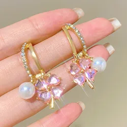 Korean Fashion Pink Crystal Four Leaf Flower Earrings For Women Jewelry 2023 Trending New Luxury Women's Pearl Drop Earrings