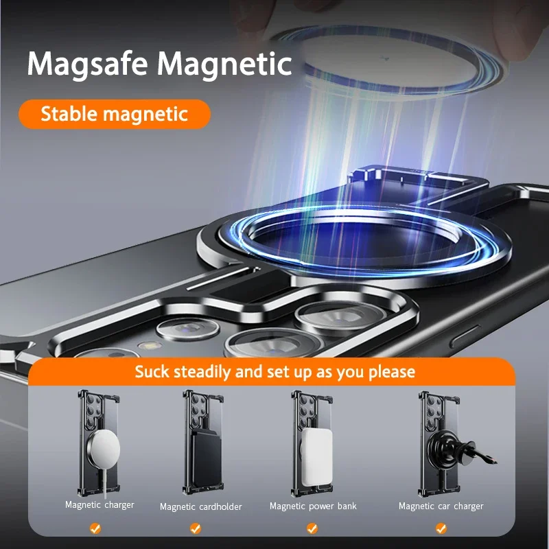 Luxury Magnetic Stand Aluminum Alloy Frameless Metal Phone Case For Samsung Galaxy S23Ultra Plus S24Ultra Shockproof Metal Cover