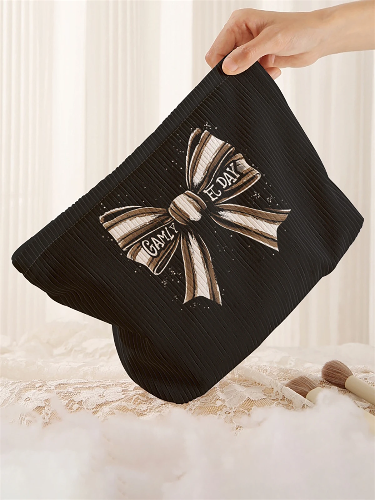 1 butterfly knot patterned corduroy makeup bag, lightweight zipper makeup storage box, multifunctional bag with lining