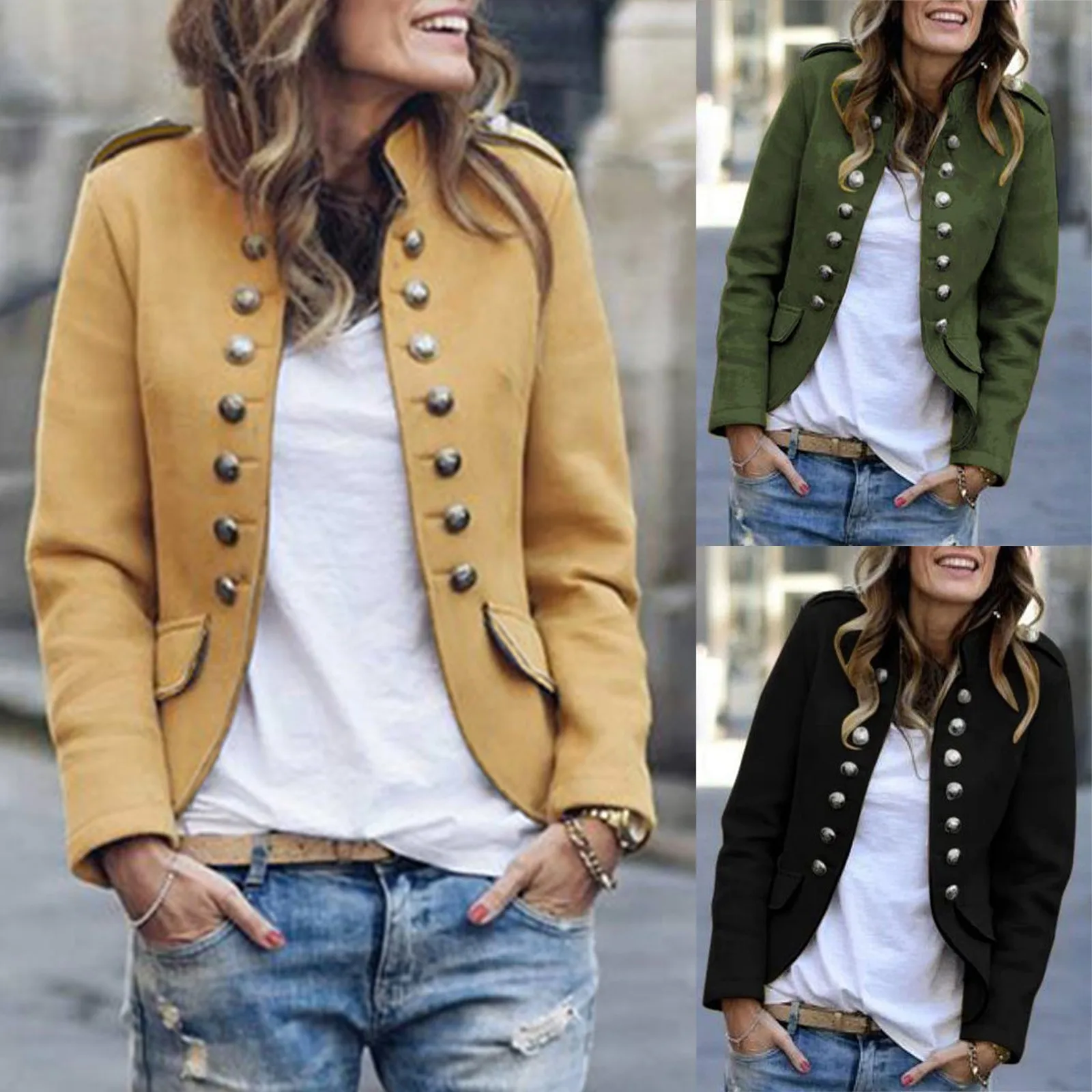 

Women‘s Button Fasion Coats Winter Short Slim Stand Collar Long Sleeve Top