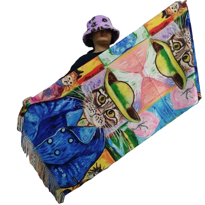 Van Gogh-Inspired Cashmere Wool Scarf - Coffee House Print Winter Wrap