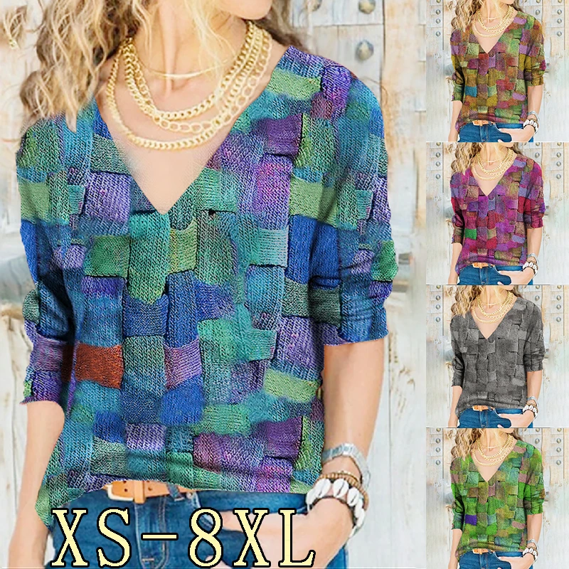 

2022 Women's Fall Sweatshirts Long Sleeves V-Neck Personality Print Fashion Casual Plus Size Tops XS-8XL