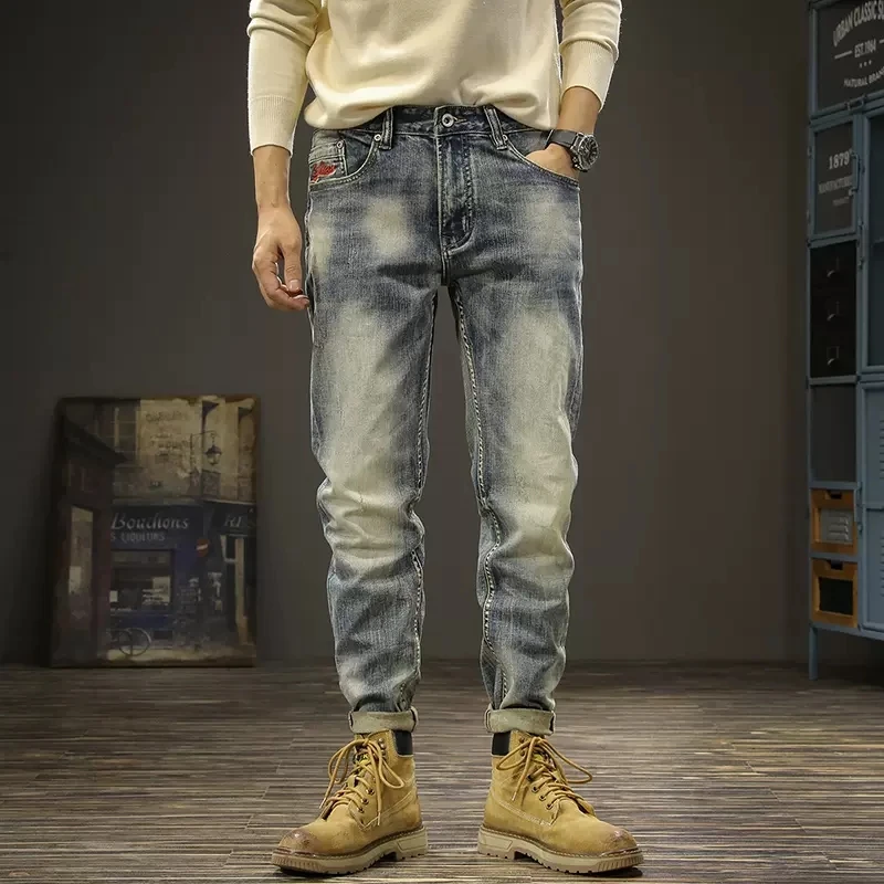 Newly Designer Fashion Men Jeans Retro Blue Elastic Slim Fit Ripped Jeans Men Vintage Trousers Casual Cotton Denim Pants Hombre newly vintage fashion men jeans retro black gray elastic slim fit ripped jeans men frayed hole designer casual denim pants