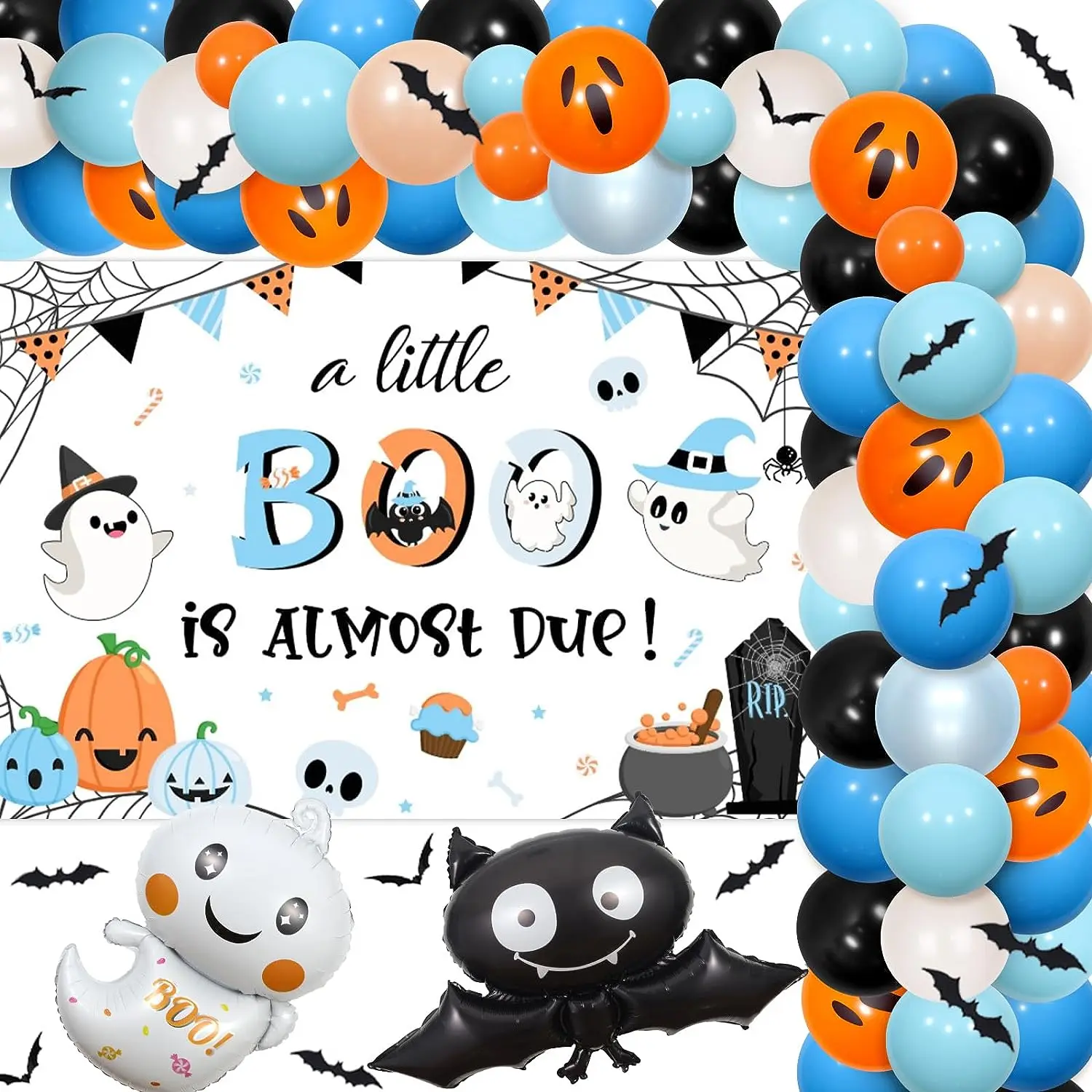 

Orange Blue Halloween Baby Shower Decorations for Boy A Little Boo Is Almost Due Backdrop Halloween Balloon Garland Arch Kit