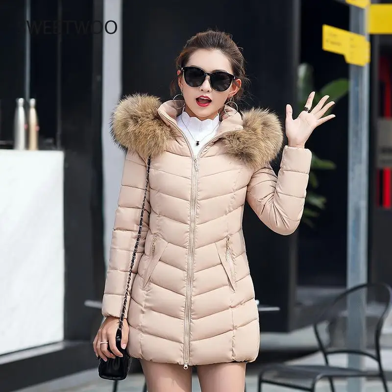 Long Slim Women Parkas Stylish Overcoat Down Jacket Female 2021 Detachable Fur Collar Winter Fashion Coat with Zipper Pockets