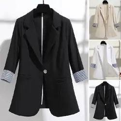 3/4 Sleeve Striped Patchwork Cuff Pockets Women Blazer Solid Color Lapel Single Button Thin Suit Coat Workwear