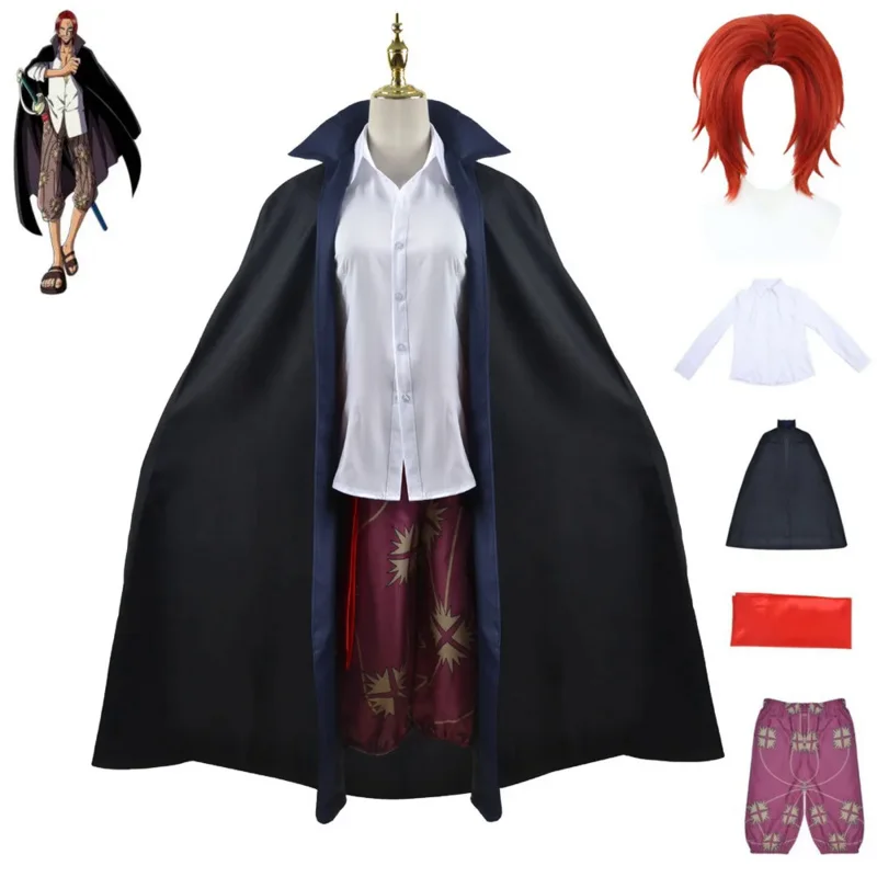 

Anime Shanks Redhead Cosplay Costume Shirt Printing Pants Belt Black Cloak Coat Red Wig Woman Man Adult Halloween Party Suit