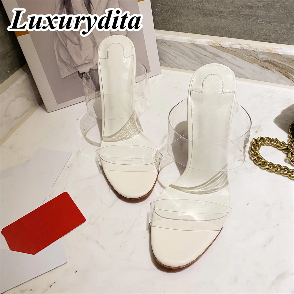 

LUXURYDITA Women Sandal Luxury High Heels Designer Customize Red Heel Socialite Dinner Mules Fish-tip slipper H173