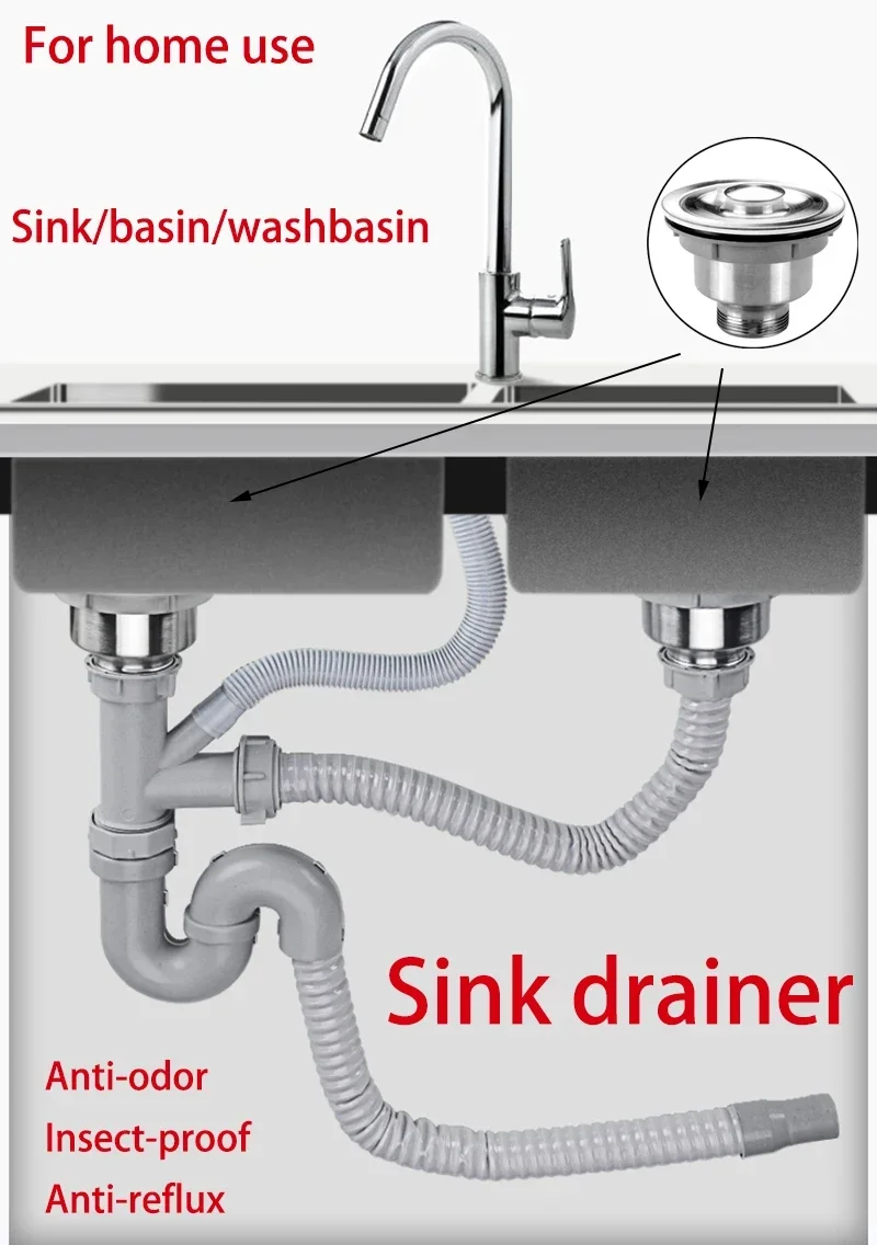 Kitchen Sink Drainer Stainless Steel Water Hose Set Double Slot Filter Accessories Deodorant Drain Pipe