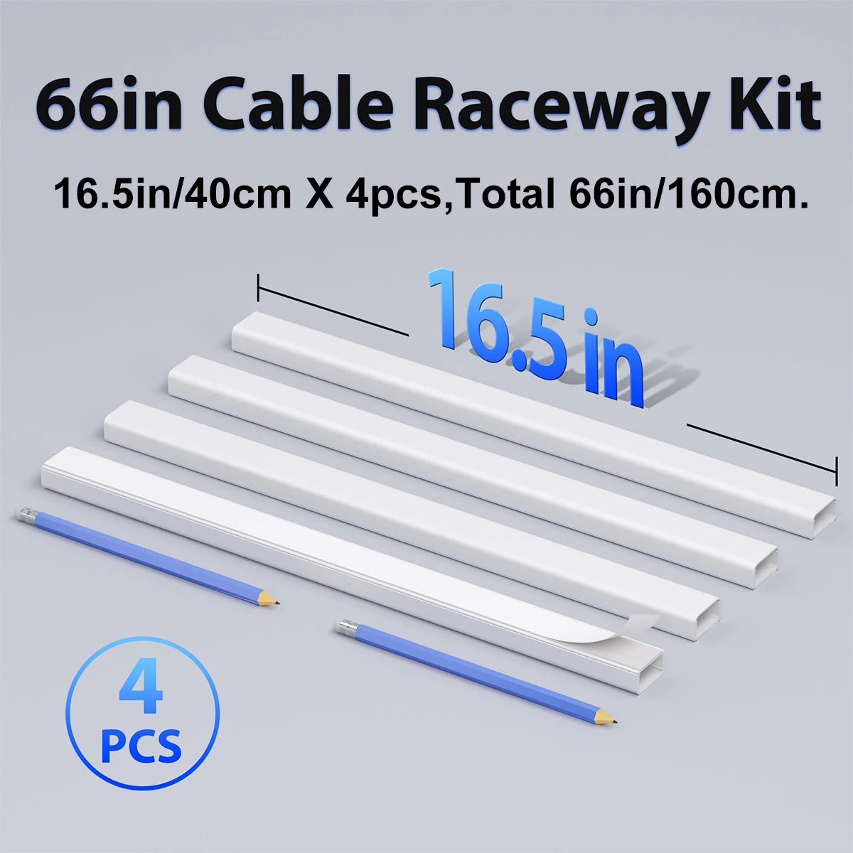 4 pcs Large Wire Hiders for TV on Wall for 3-4 Cords-66in (4xL16.5in) PVC Cable Cover Kit with Pre-Applied Adhesive Tape
