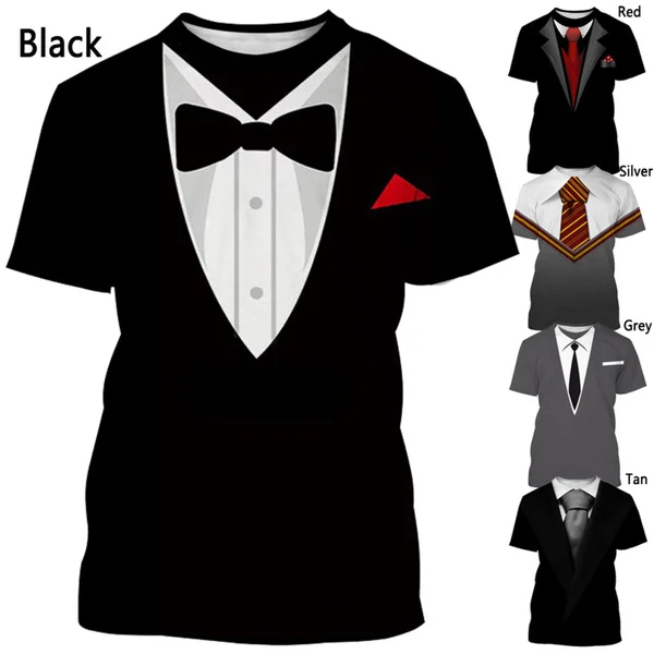 

2024 Bow Tie 3D T-shirt Summer Men's T-shirt Tuxedo Retro Tie Suit Short-sleeved Street Funny Fake Suit Top