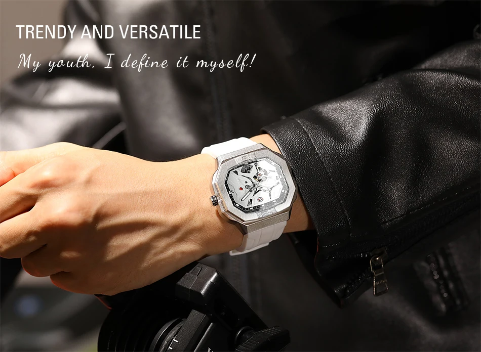 2024 FORSINING Square Skeleton Mechanische Echte Herrenuhr Automatisches Uhrwerk Weiße Sport Wasserdichte Luxus-Männeruhren_voghion.com