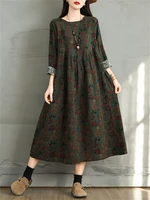 Cotton Vintage Print Floral Dresses 2025 Women Casual Loose Long Sleeve Dress Femme Robe Vestidos Elegant Spring Autumn Clothing - Image 2