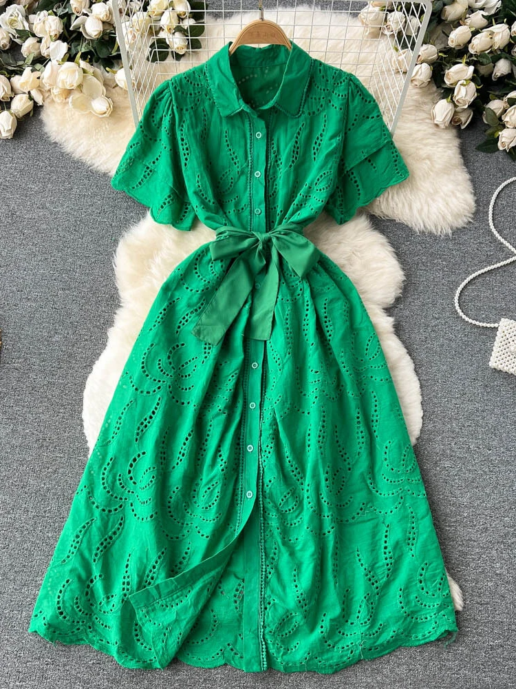 

Женское длинное кружевное платье, винтажное элегантное платье средней длины для отпуска с откидным воротником и рукавами-флип, весна-лето