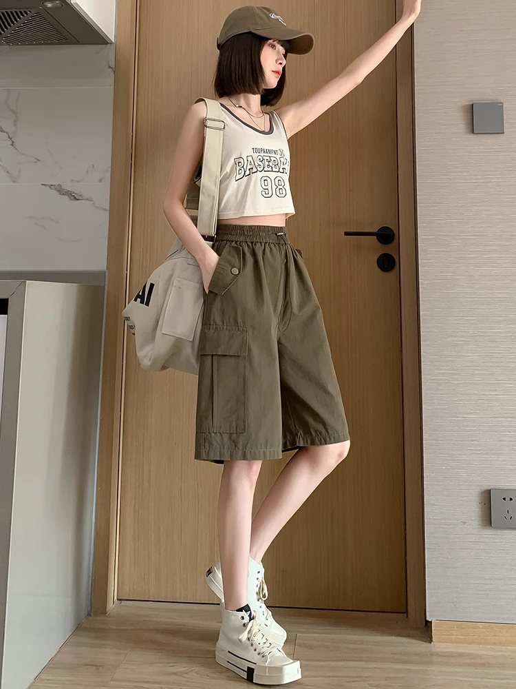 High Waist Women Cargo Shorts Summer Elastic Waist Loose