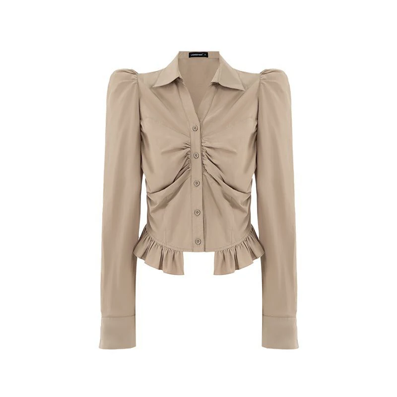 Spring Autumn Sexy Fashion Ruffles Folds Slim Shirt Female Long Sleeve All-match Short Tops Women Solid Color Cardigan Blouse