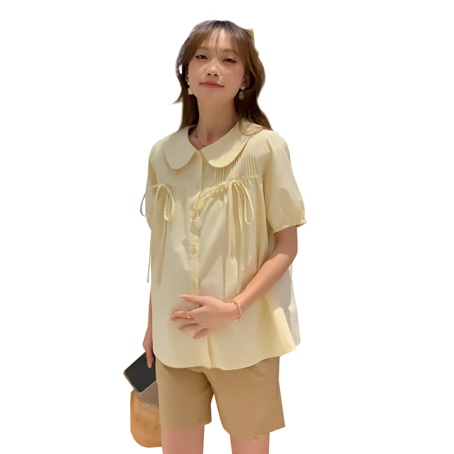 Pregnant Woman Lactation Shirts Summer Japanese Female Loose Clothes Bowknot Sweet Pleated High Waist Maternity Cotton Blouses