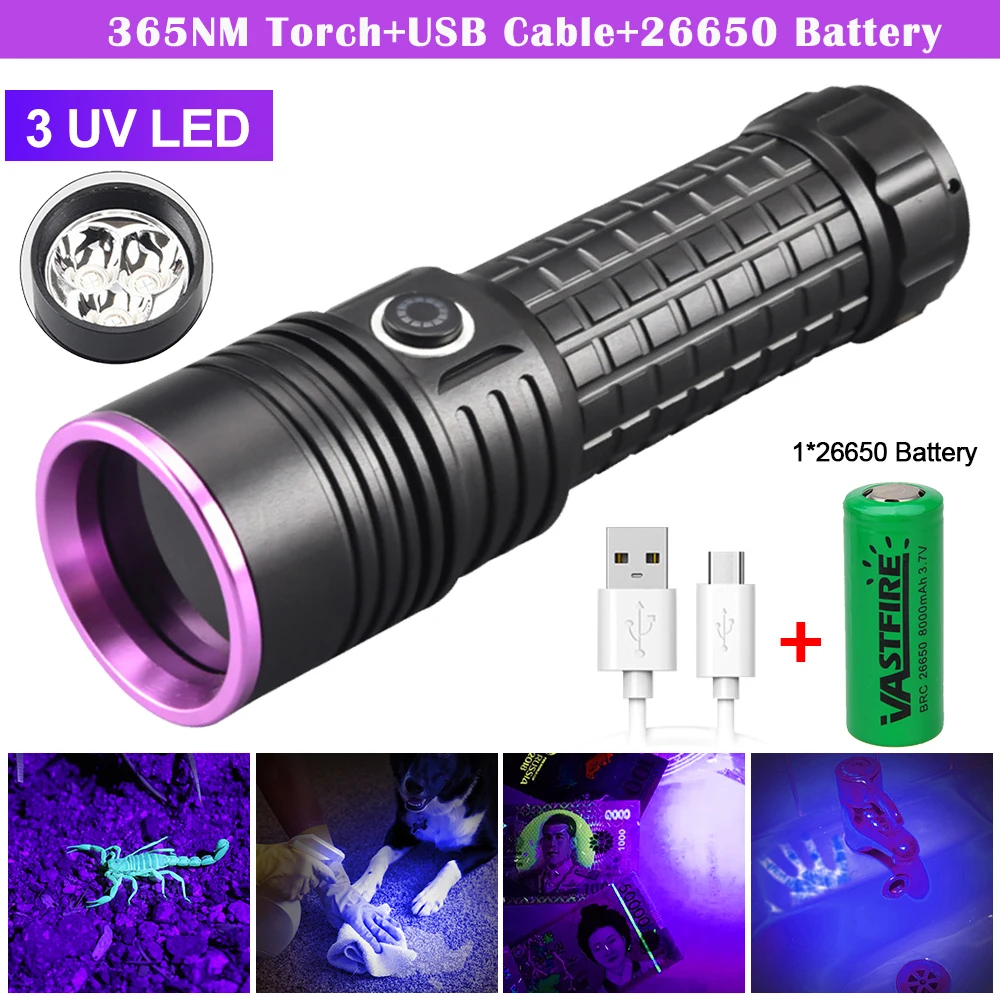 ミニ紫外線懐中電灯,30W,365nm,USB,充電式,紫,青,動物用